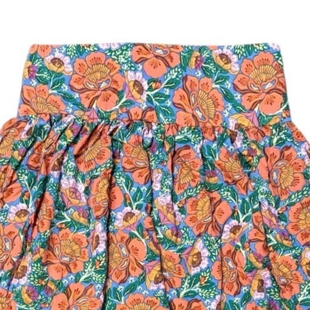 Natural Life Floral Midi Skirt M Blue Orange Smocked Waist Slit Boho Cottagecore - Picture 4 of 8
